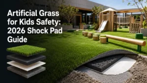 Artificial grass for kids play area installed over a shock pad in a Dubai villa garden by HomeGeek