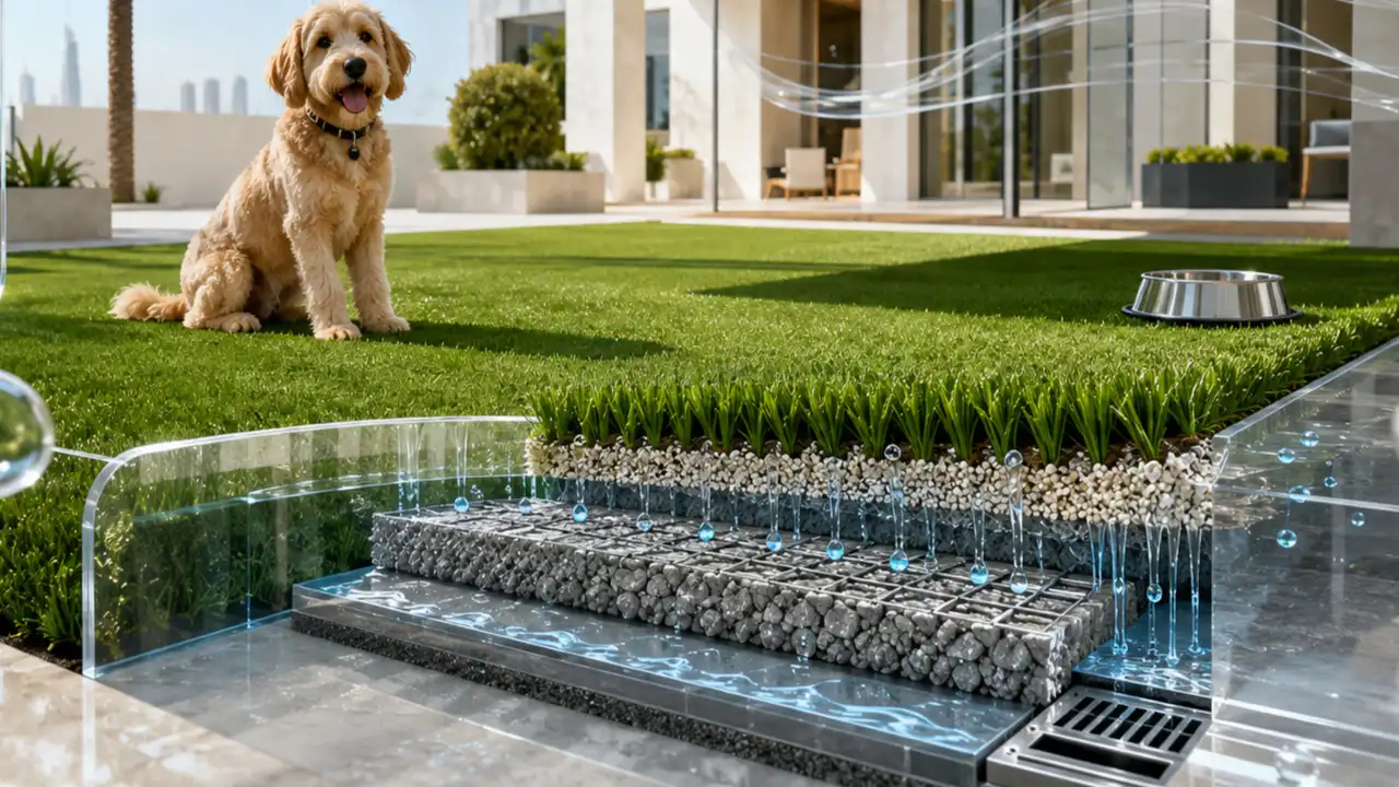 Dog resting on pet friendly artificial grass installed in a Dubai villa garden by HomeGeek
