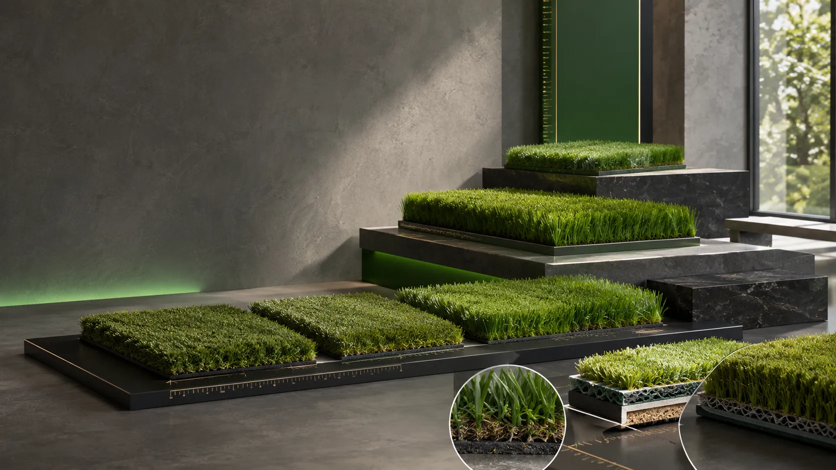 Different types of artificial grass samples showing pile height and density, supplied by HomeGeek in Dubai