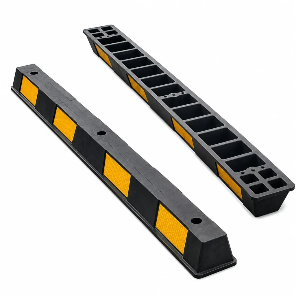 Buy rubber wheel stoppers in 180CM, 90CM and 55CM sizes in Dubai, UAE. Heavy-duty parking stoppers with reflective panels for secure parking areas.